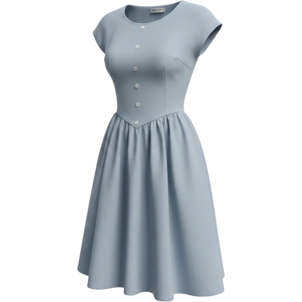 Chorus Blues Vintage Light Blue Button Front Fit and Flare Midi Dress Cap Sleeve